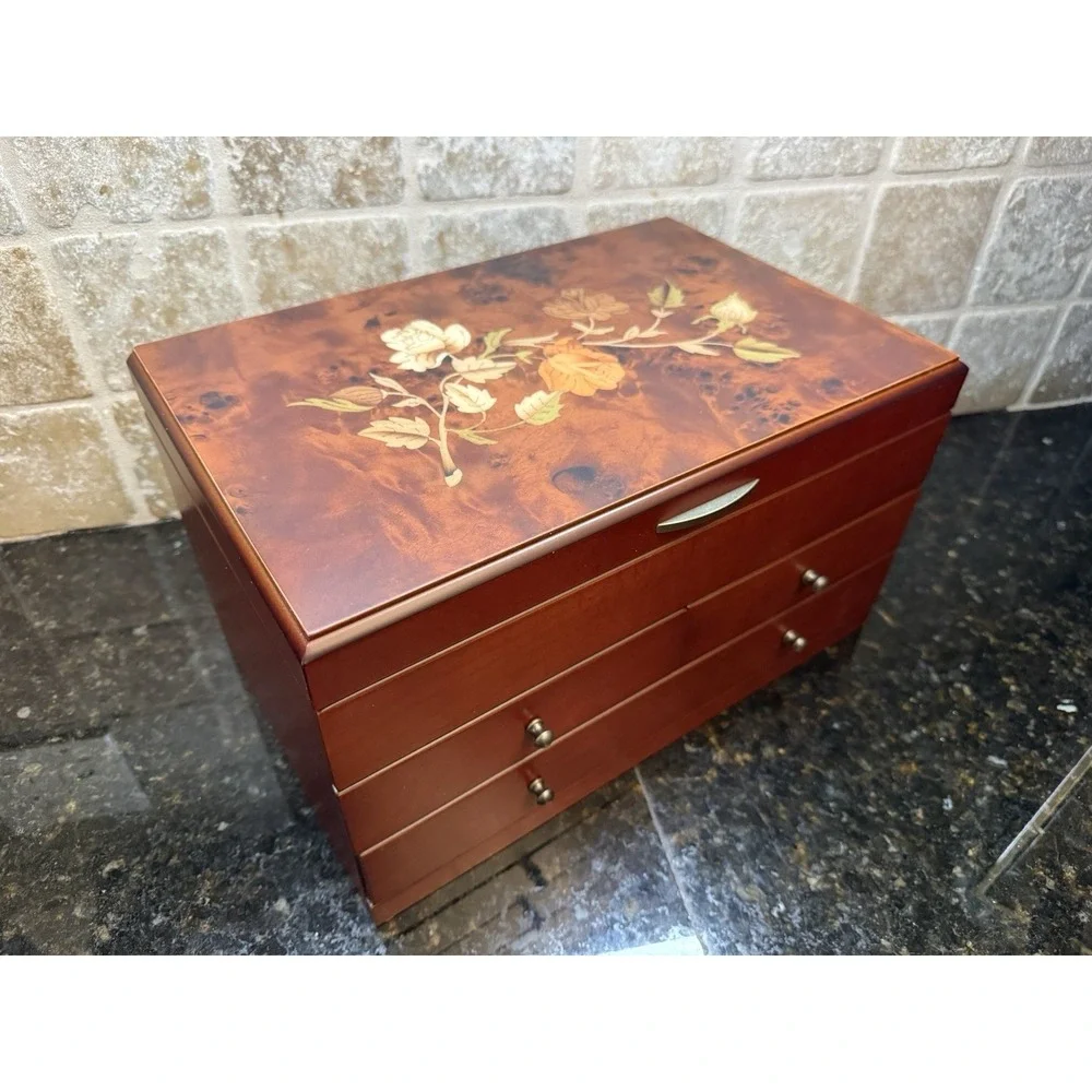 Mele & Co Wooden Jewelry Box Floral Inlay Brayden Design Drawers Mirror Lined